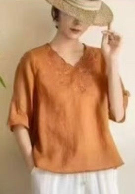 Linen Blend Embroidered Blouse