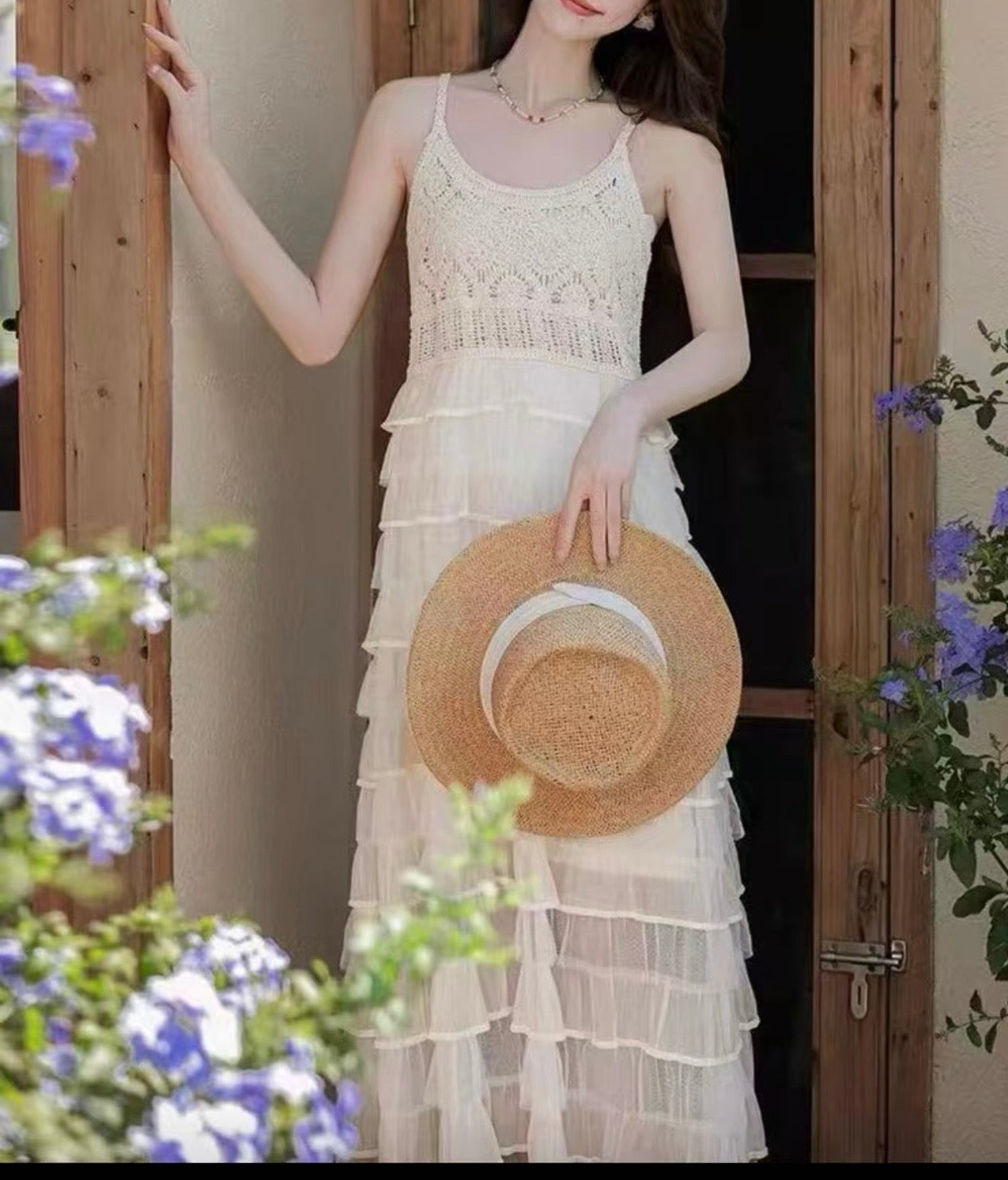 Cotton Crochet Tiered Midi Dress