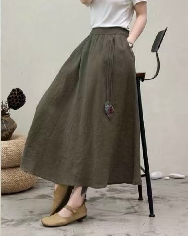 Linen Midi Skirt (Neutral Tone)