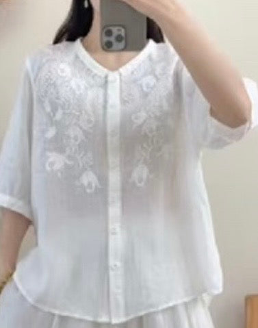 Embroidered Linen Button Blouse – Relaxed Fit