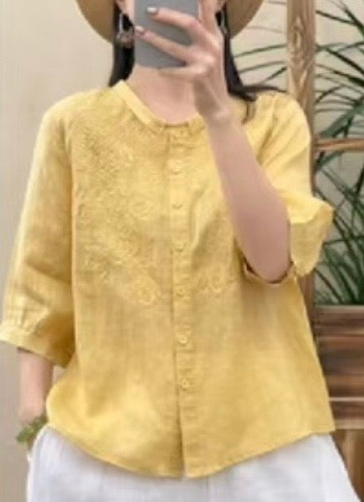 Embroidered Linen Button Blouse – Relaxed Fit