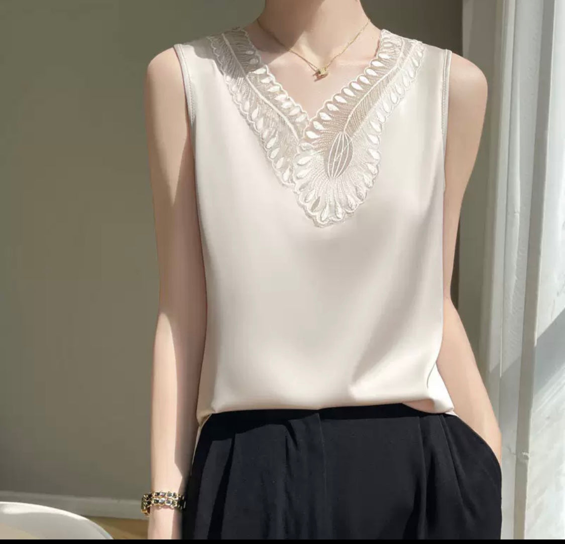 Lace V-Neck Sleeveless Blouse