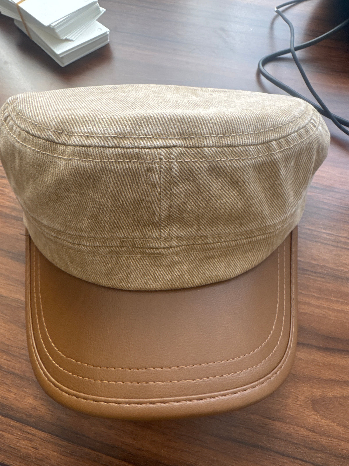 Women’s Two-Tone Military Cap with Faux Leather Peak