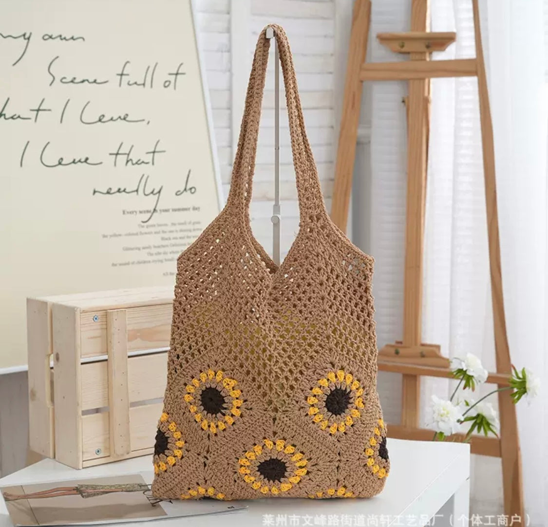 Crochet Tote Bag with Sunflower Detail