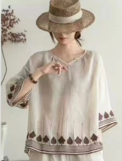 Linen Blend Boho Blouse with Embroidery