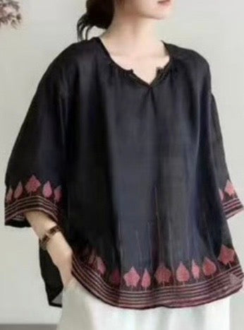 Linen Blend Boho Blouse with Embroidery