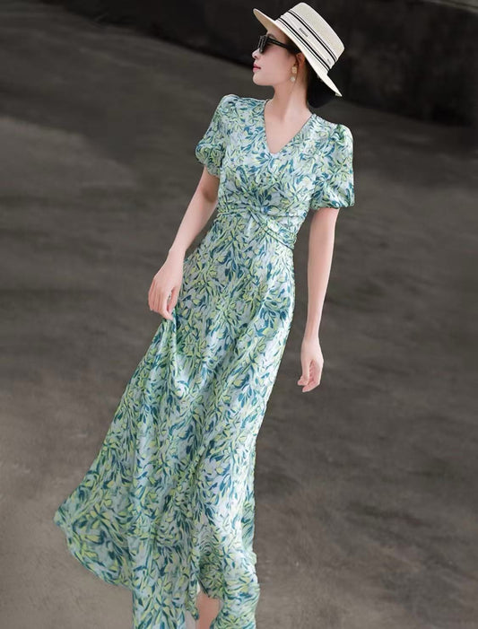 Bubble Sleeve V-Neck Waistband Tie Printed Dress Women