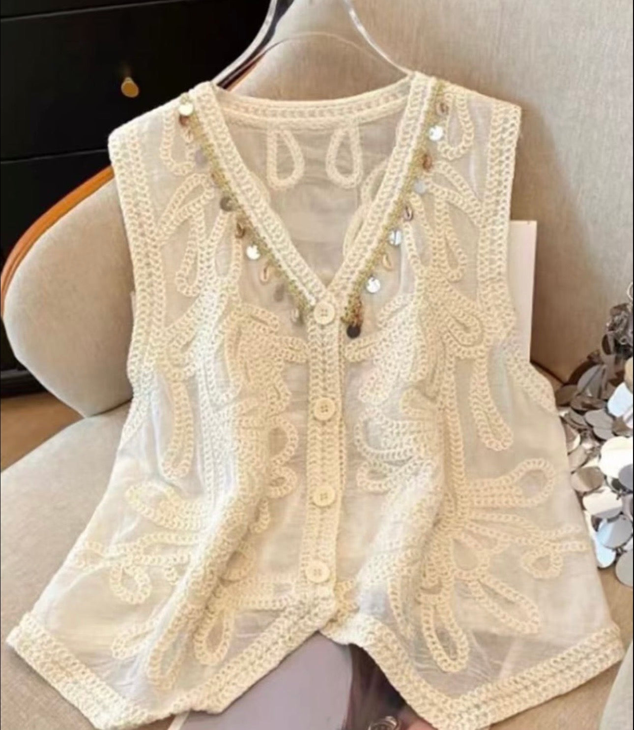 Embellished Crochet Mesh Vest