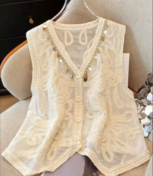 Embellished Crochet Mesh Vest