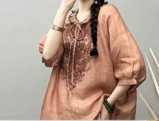 Embroidered Linen-Blend Boho Blouse