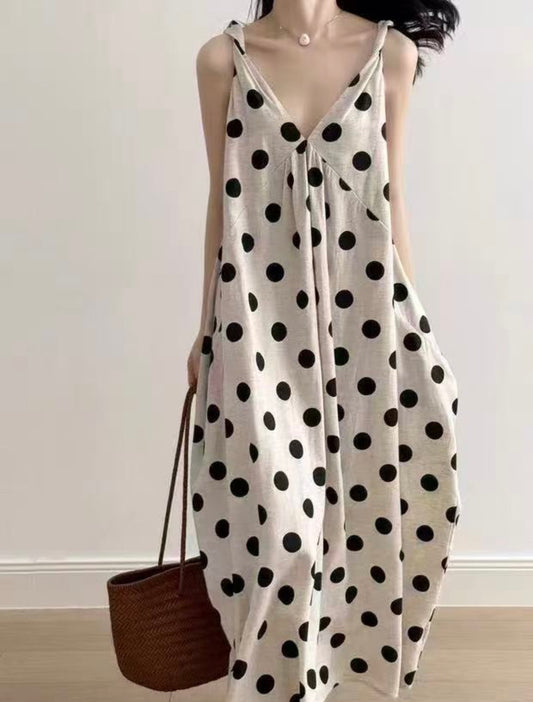 Linen Polka Dot Midi Dress