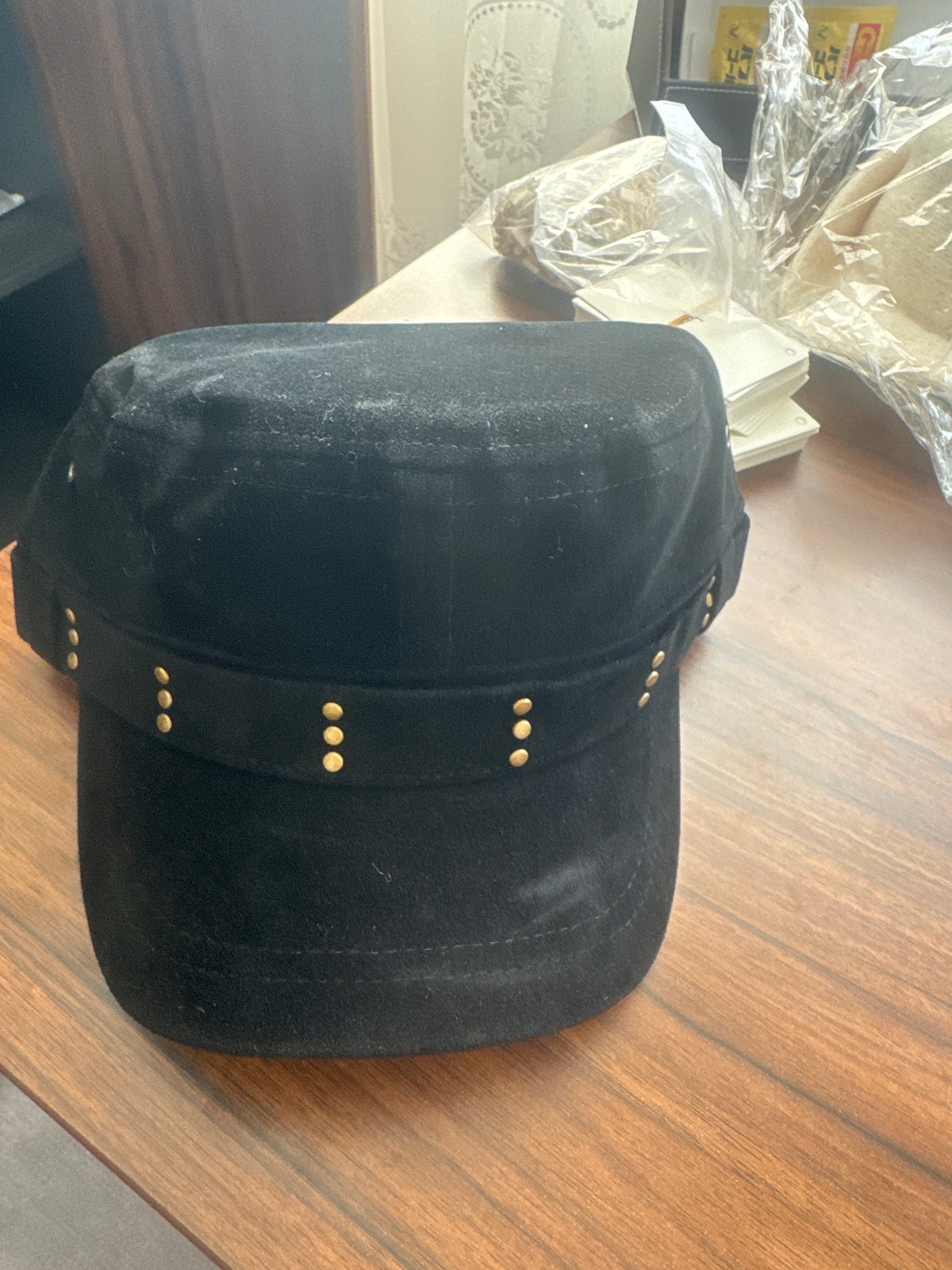 Women’s Suede-Effect Military Cap with Gold Stud Detailing