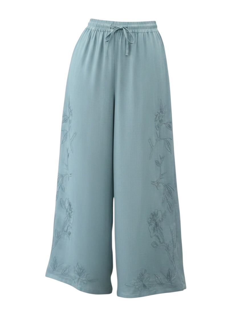Relaxed 100% Linen Trousers with Embroidery