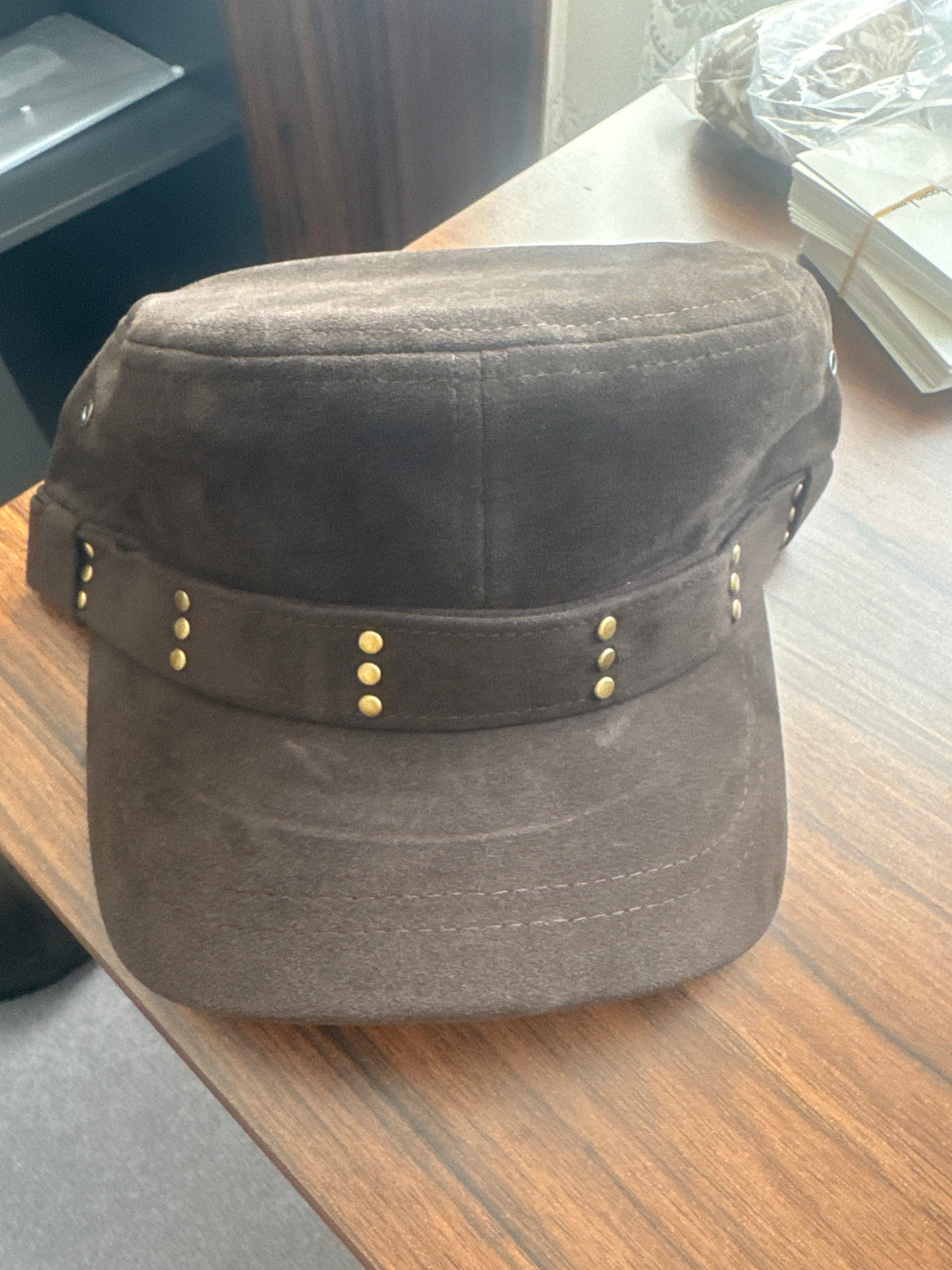 Women’s Suede-Effect Military Cap with Gold Stud Detailing