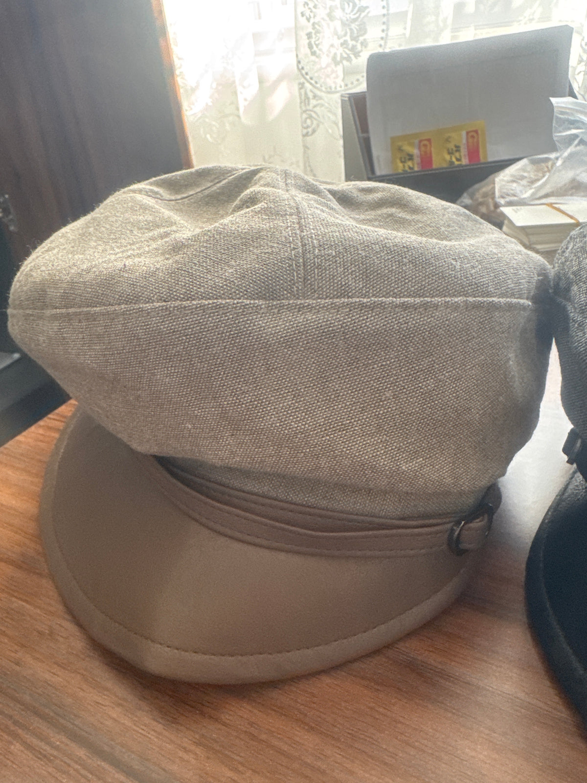 Classic Baker Boy Cap with Faux Leather Peak
