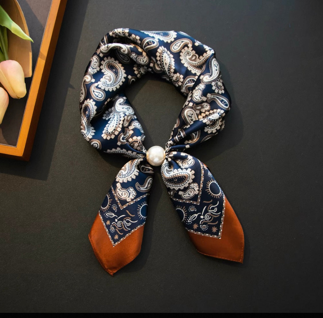 100%Silk Scarf with Pearl Detail
