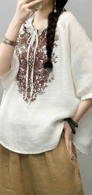 Embroidered Linen-Blend Boho Blouse
