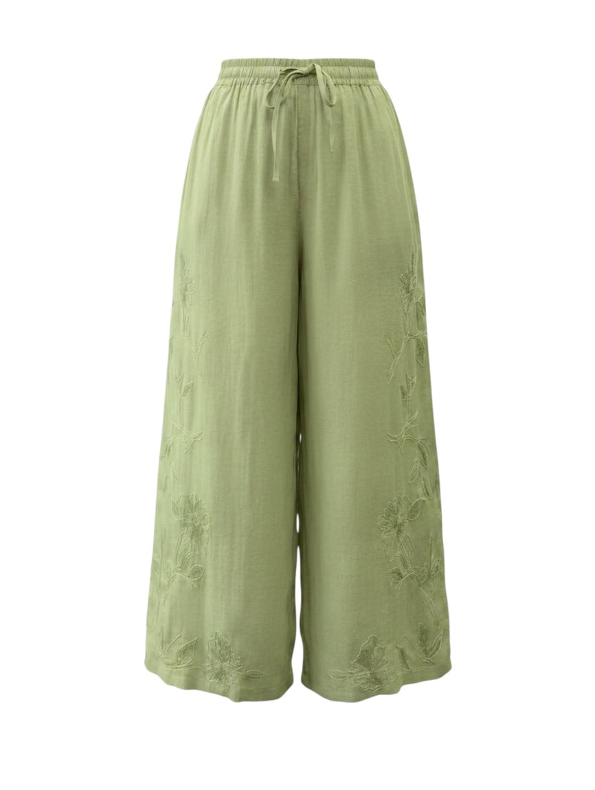 Relaxed 100% Linen Trousers with Embroidery