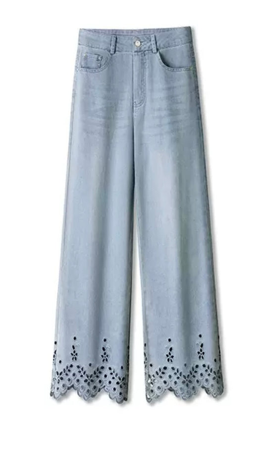 Wide-Leg Denim with Lace Hem