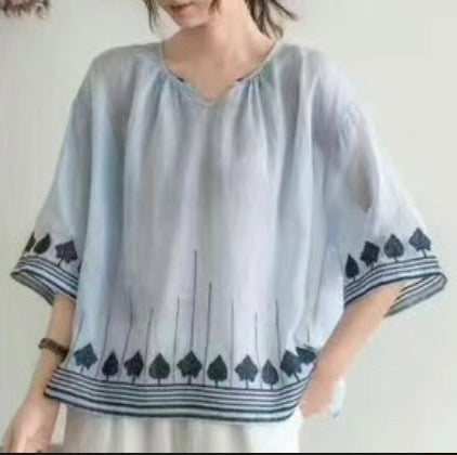 Linen Blend Boho Blouse with Embroidery