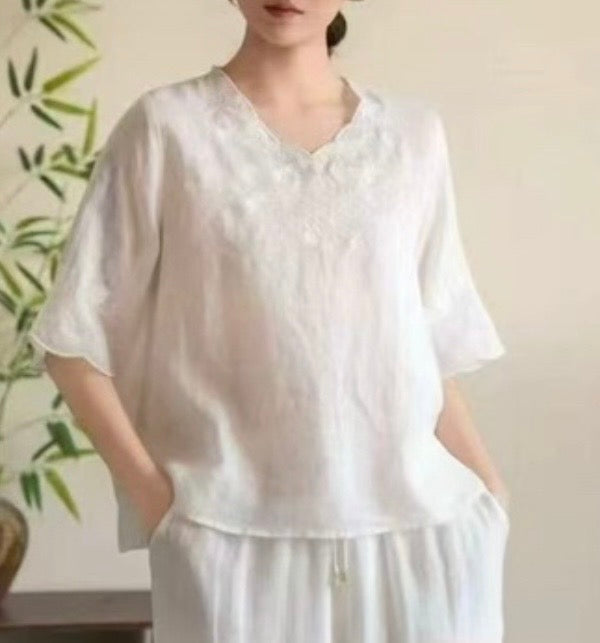 Linen Blend Embroidered Blouse