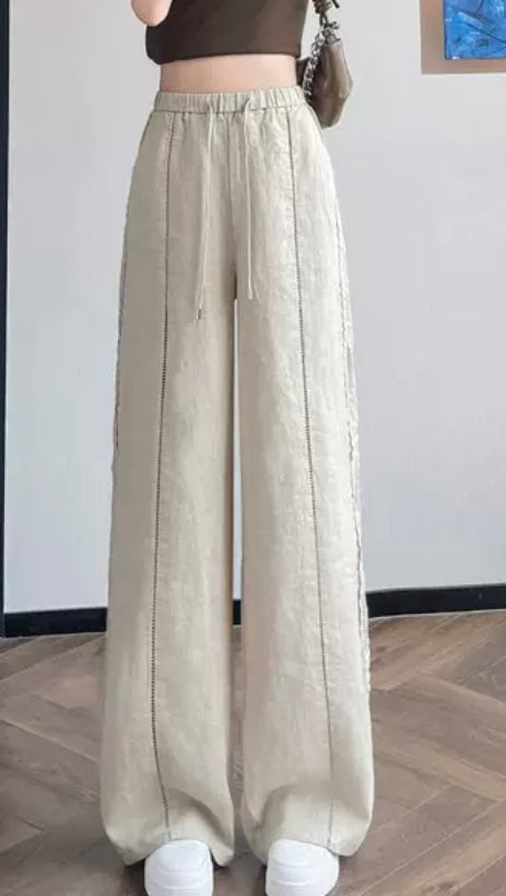 Linen Blend Wide Leg Trousers – Natural Beige