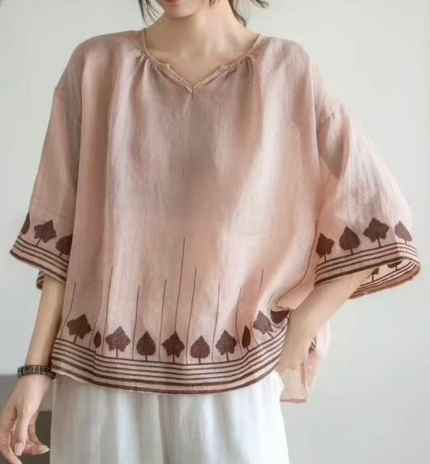 Linen Blend Boho Blouse with Embroidery