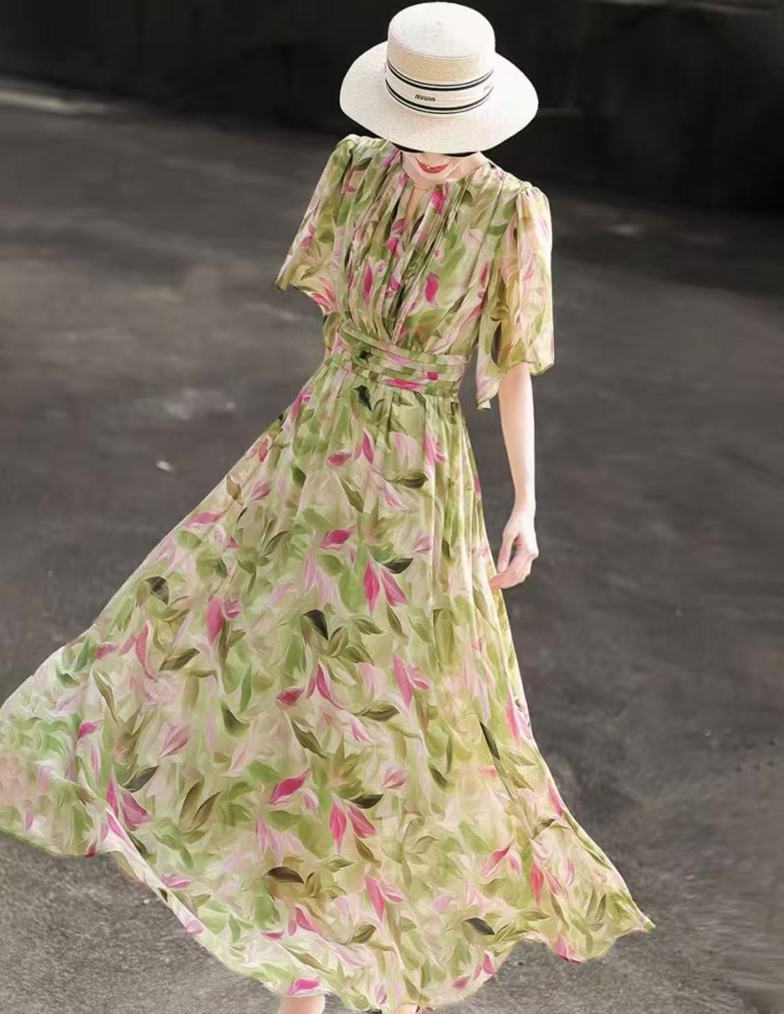 French Dress Ruffle Sleeve Green Printed Swing Dress Women