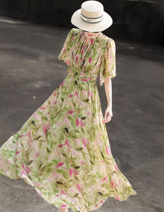 French Dress Ruffle Sleeve Green Printed Swing Dress Women