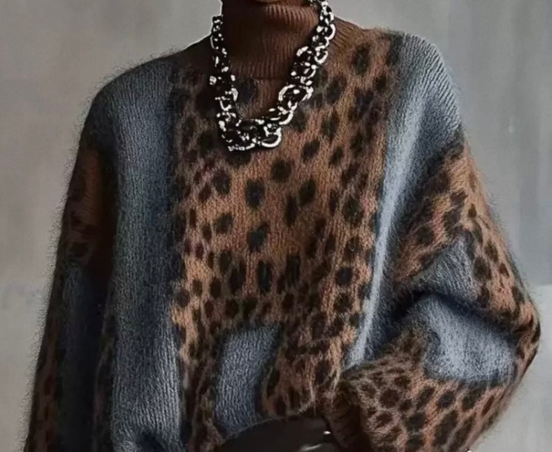 Oversized Leopard Print Colour Block Jumper