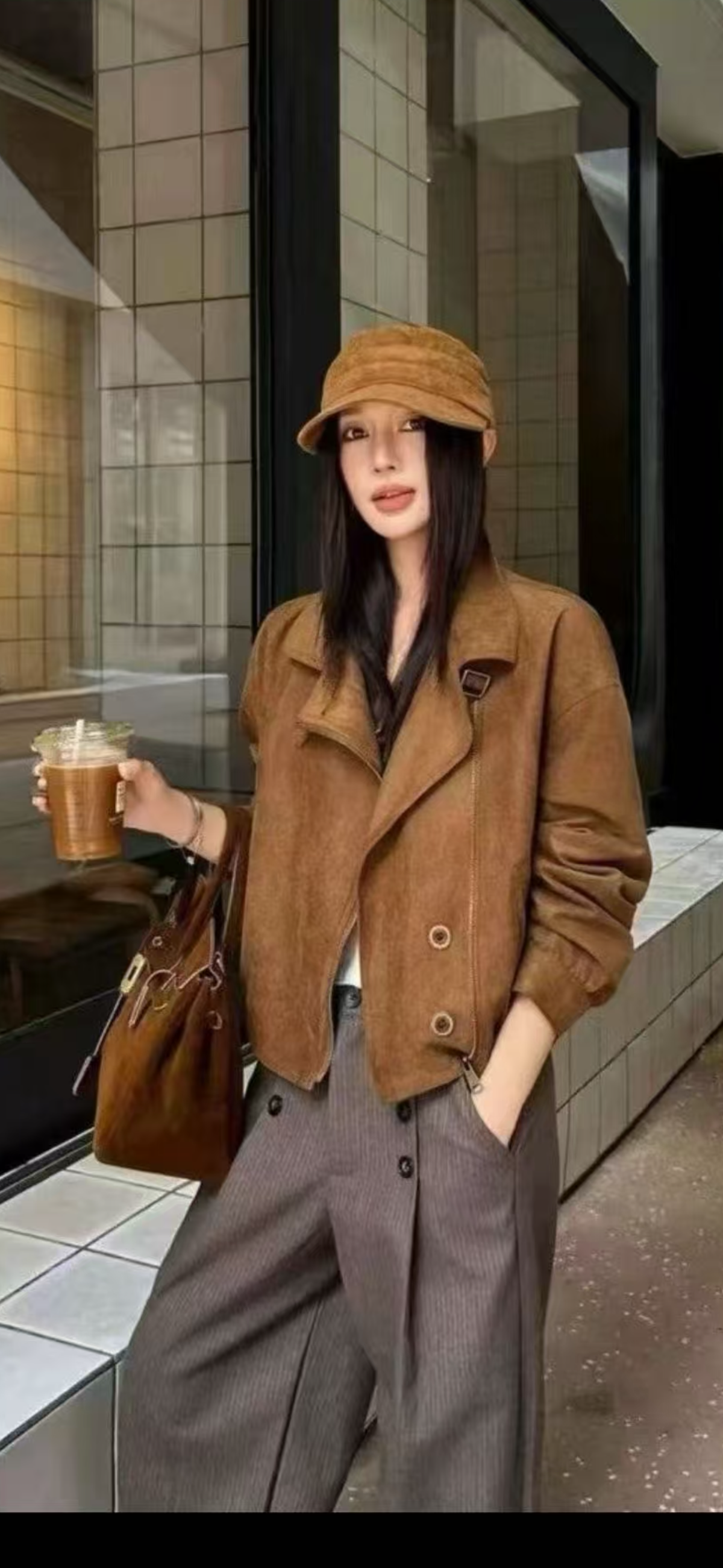 Suede-Look Cropped Jacket with Asymmetric Front