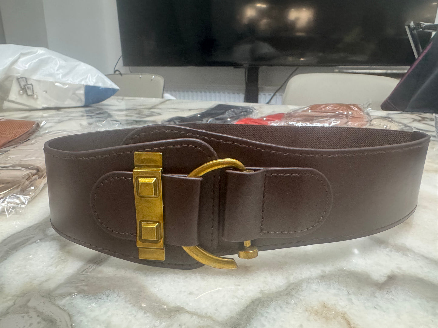 Women’s Wide Elastic Waist Belt with Gold-Tone Buckle