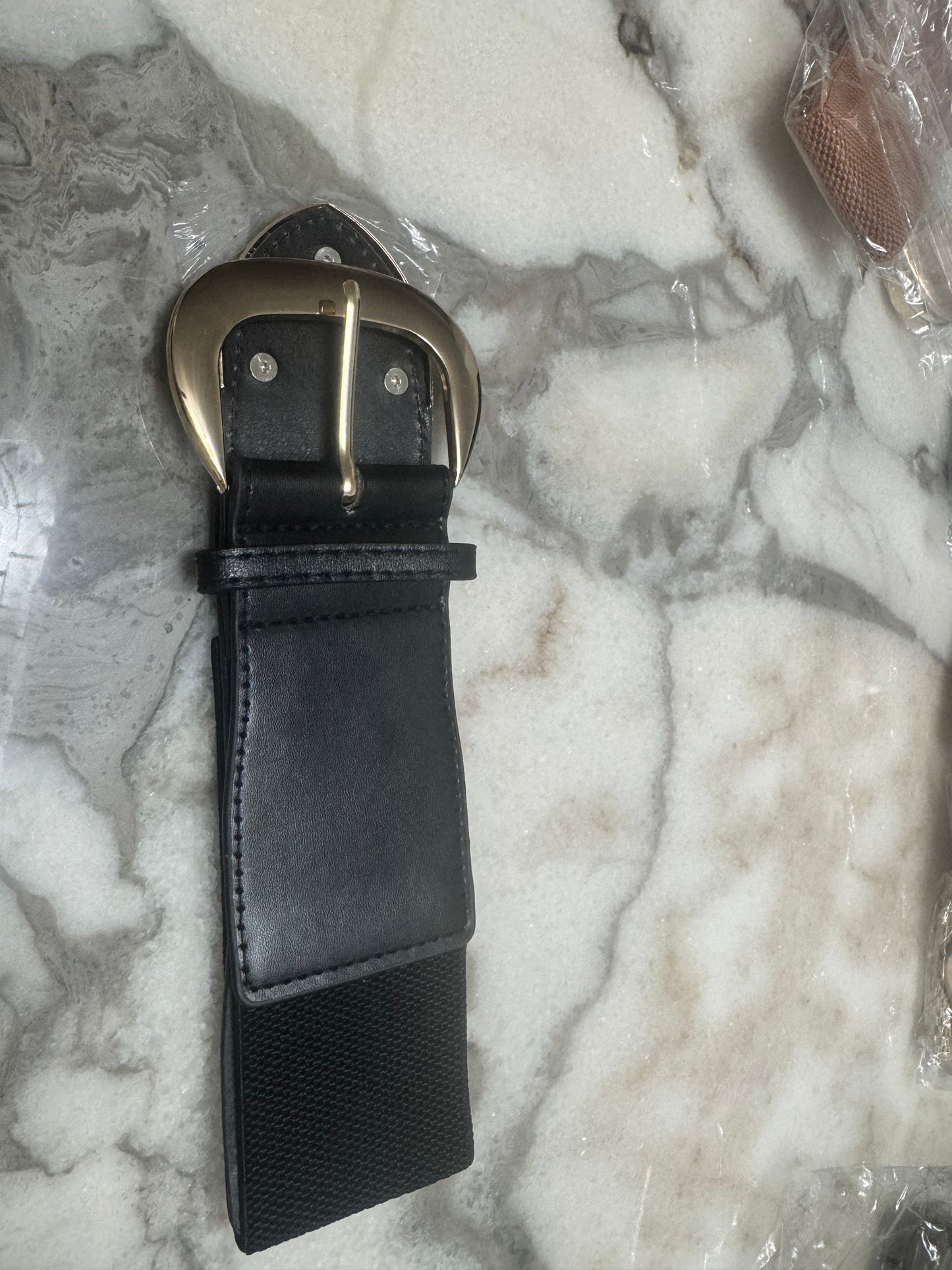 Women’s Wide Elastic Waist Belt with Gold-Tone Buckle