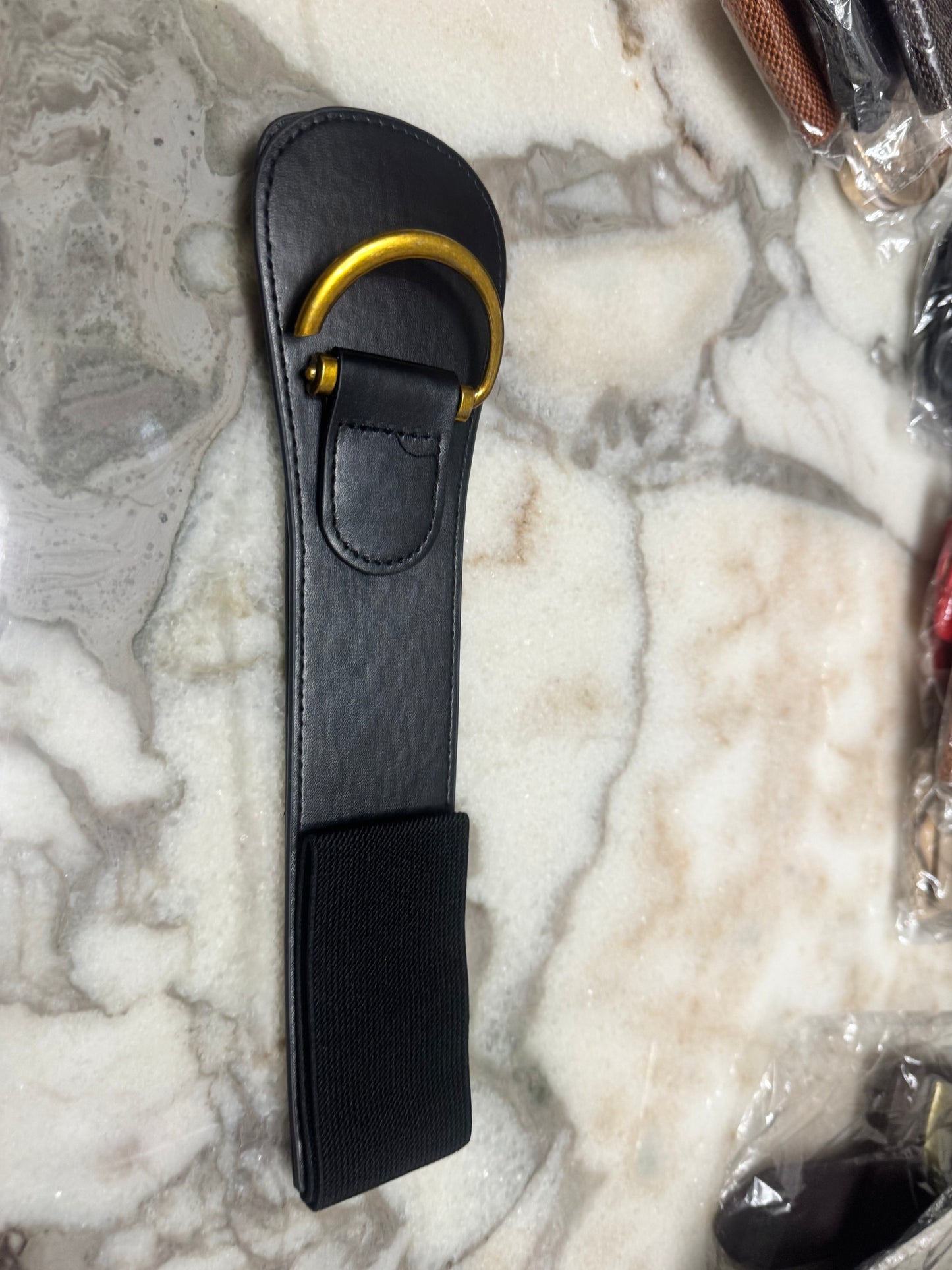 Women’s Wide Elastic Waist Belt with Gold-Tone Buckle