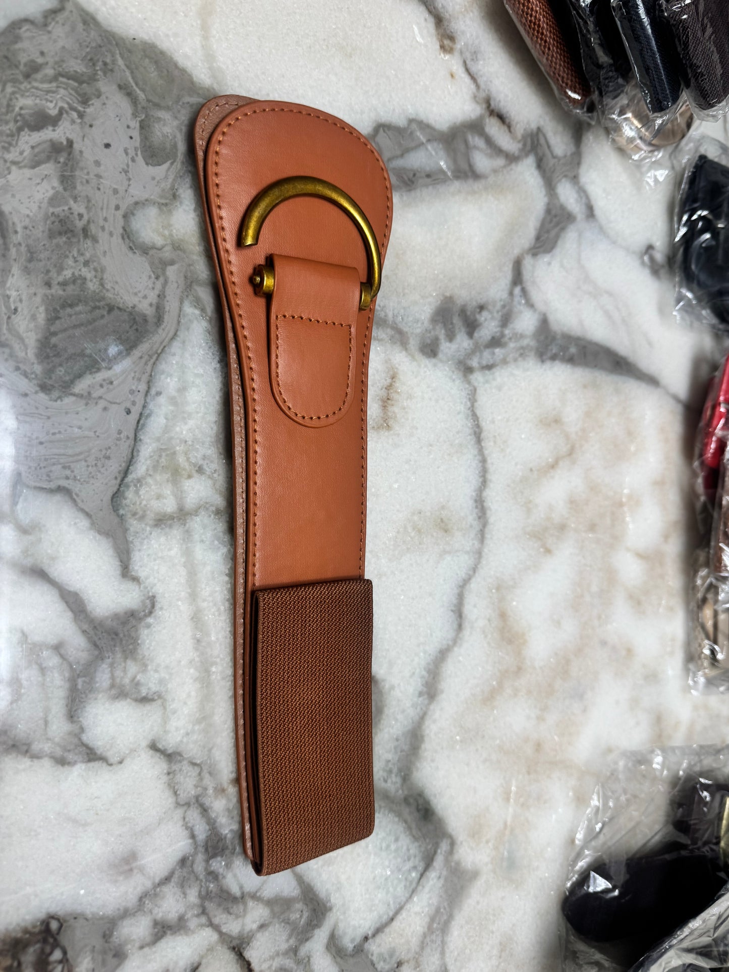 Women’s Wide Elastic Waist Belt with Gold-Tone Buckle