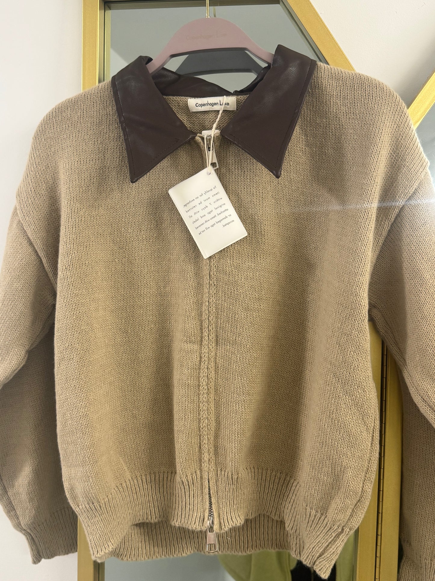 Knitted Zip-Up Cardigan with Faux Leather Collar