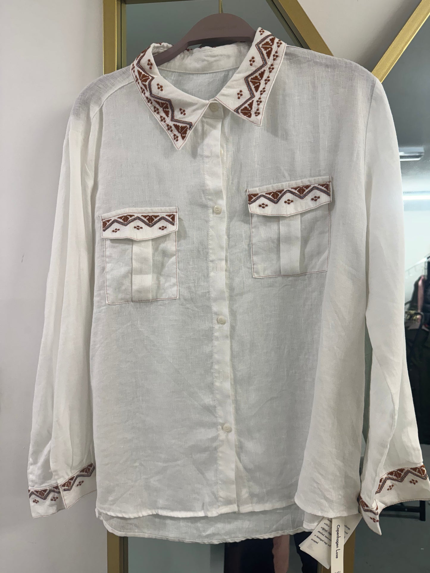 Embroidered Linen Shirt with Double Chest Pockets