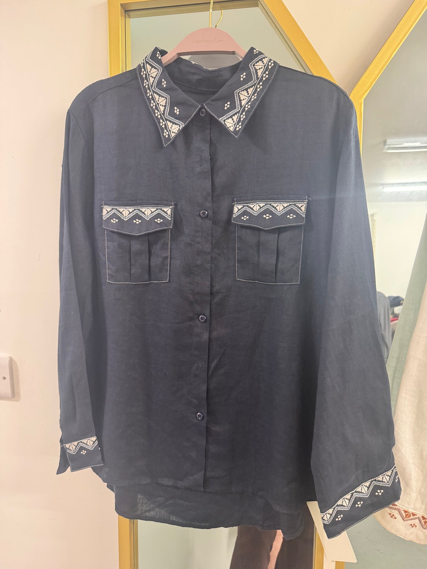 Embroidered Linen Shirt with Double Chest Pockets