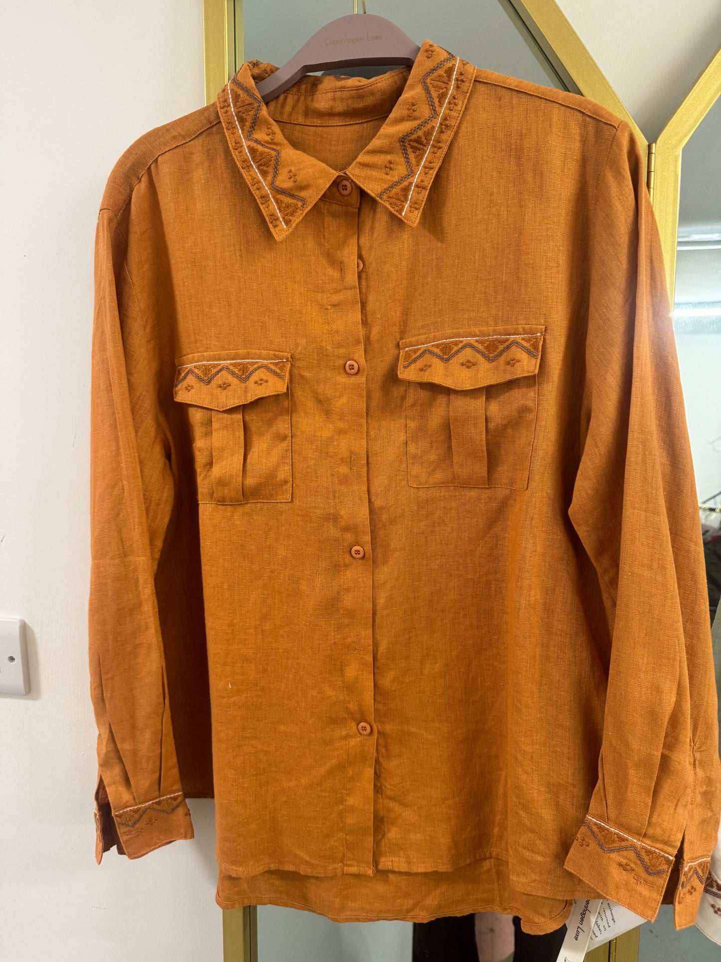 Embroidered Linen Shirt with Double Chest Pockets