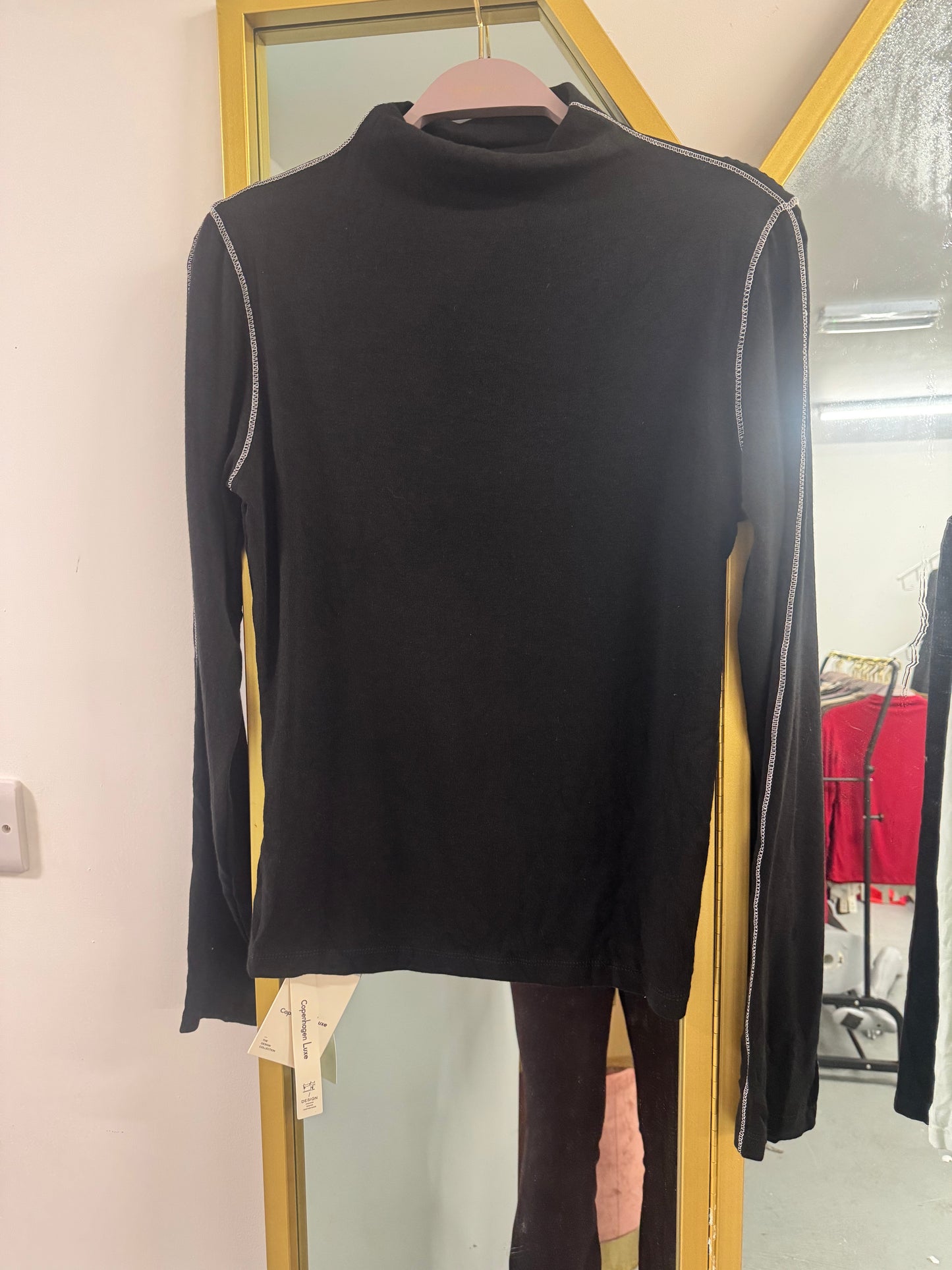 Contrast Stitch High Neck Long Sleeve Top