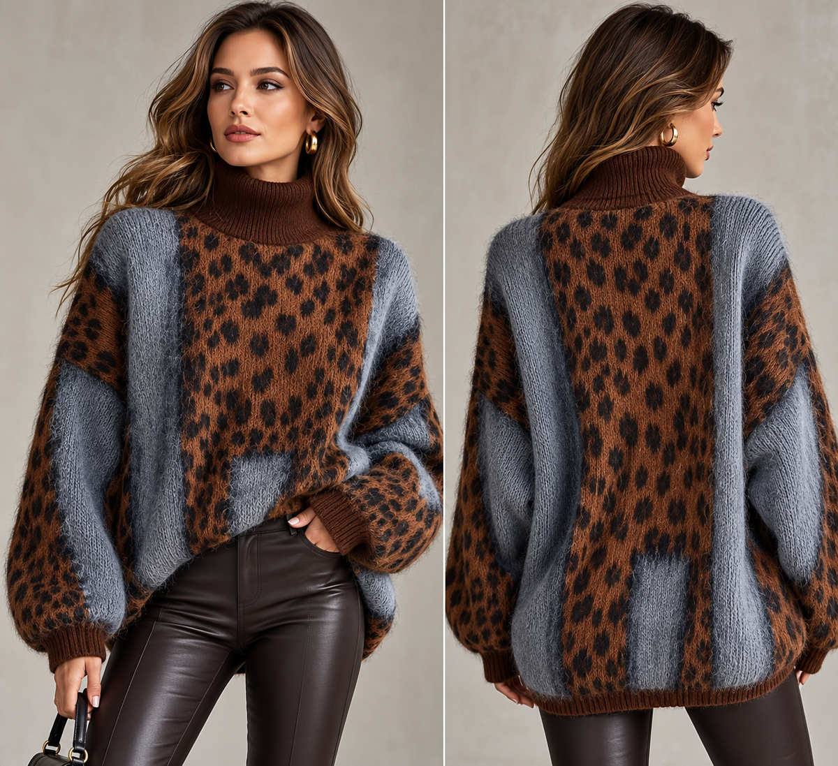 Oversized Leopard Print Colour Block Jumper