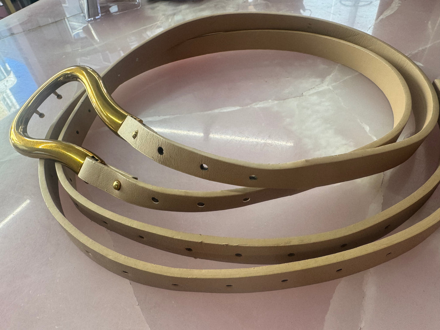 Double-Layer Belt with Gold Wooden-Style Buckle