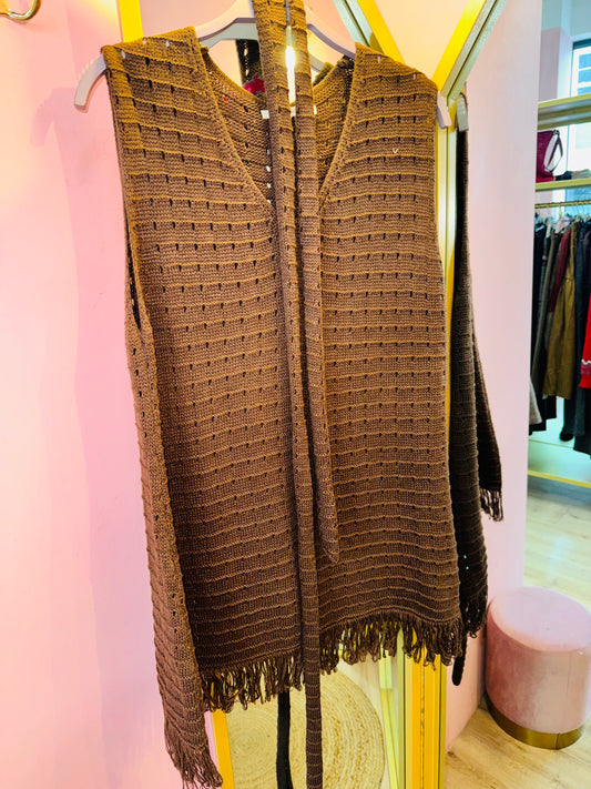 Natural Cotton Crochet Long Vest with Fringe