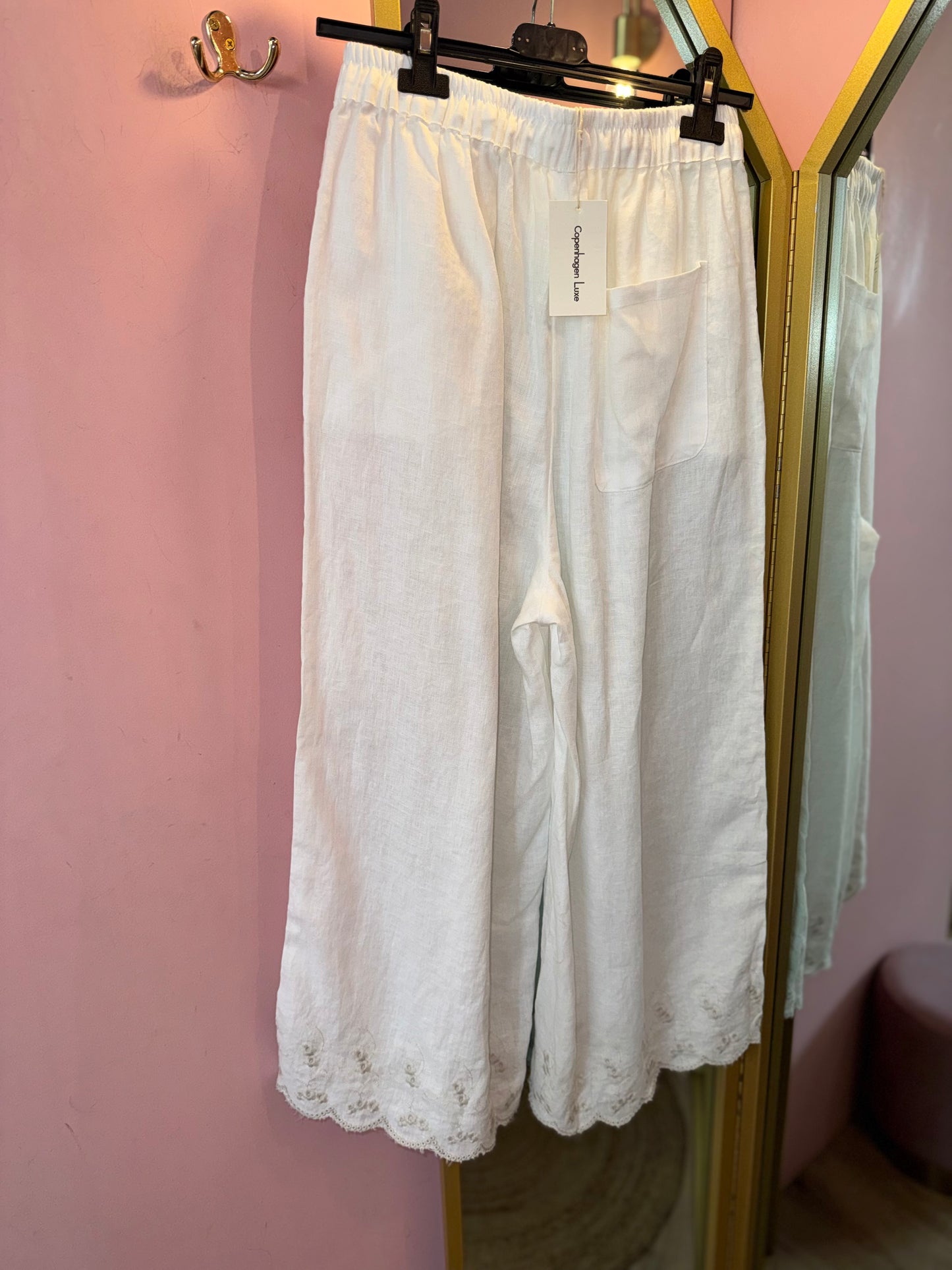 Linen  Wide Leg Trousers with Lace Hem