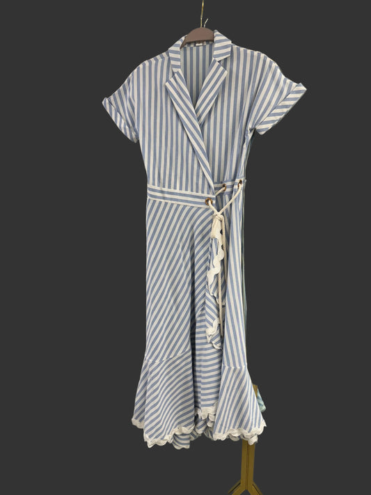 Striped Wrap Midi Dress with Belt