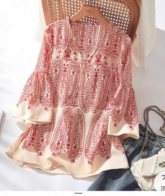 Embroidered Boho Blouse – Red Print