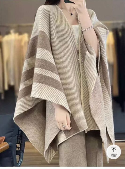 Striped Wool Blend Cape – Beige