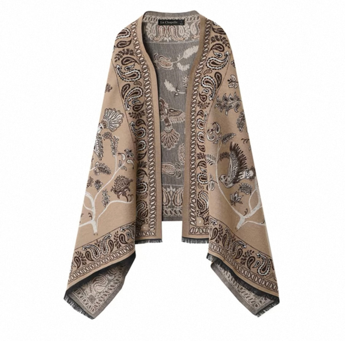 Neutral Embroidered Cape – Bird & Floral