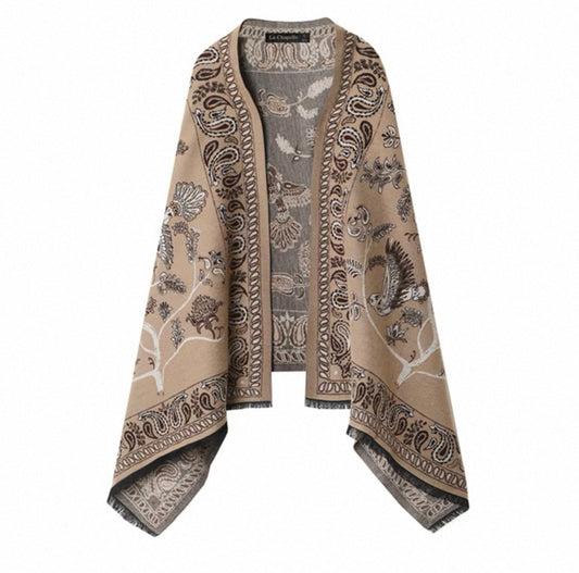 Neutral Embroidered Cape – Bird & Floral