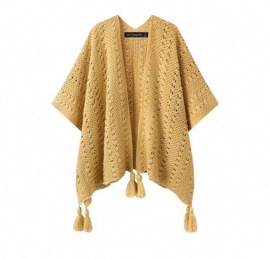 Mustard Crochet Tassel Cape